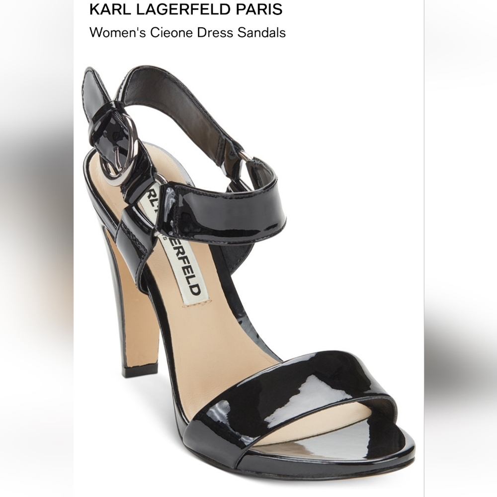 Karl Lagerfeld Black Patent Leather Ankle-Strap Heels